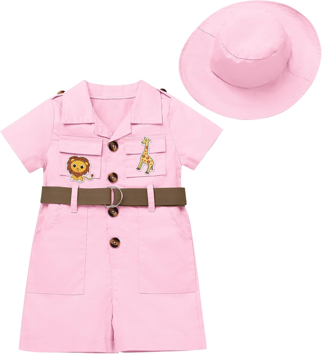 Baby Safari Outfit Wild One Birthday Outfit Girl Short Sleeve Safari Jumpsuit with Hat Toddler Zoo Keeper Outfit