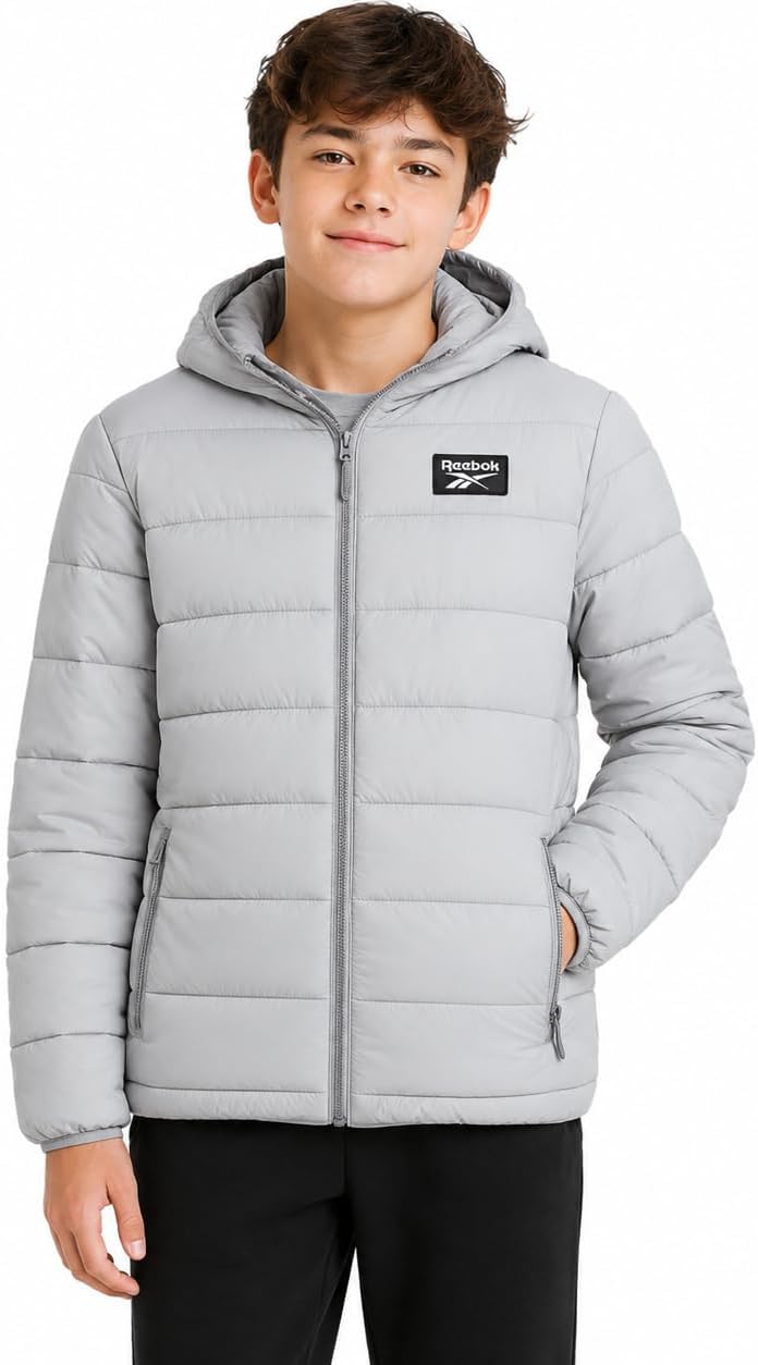 Reebok Boys Winter Coat – Lightweight Insulated Puffer Jacket – Wind & Water Resistant Quilted Hooded Winter Jacket for Boys