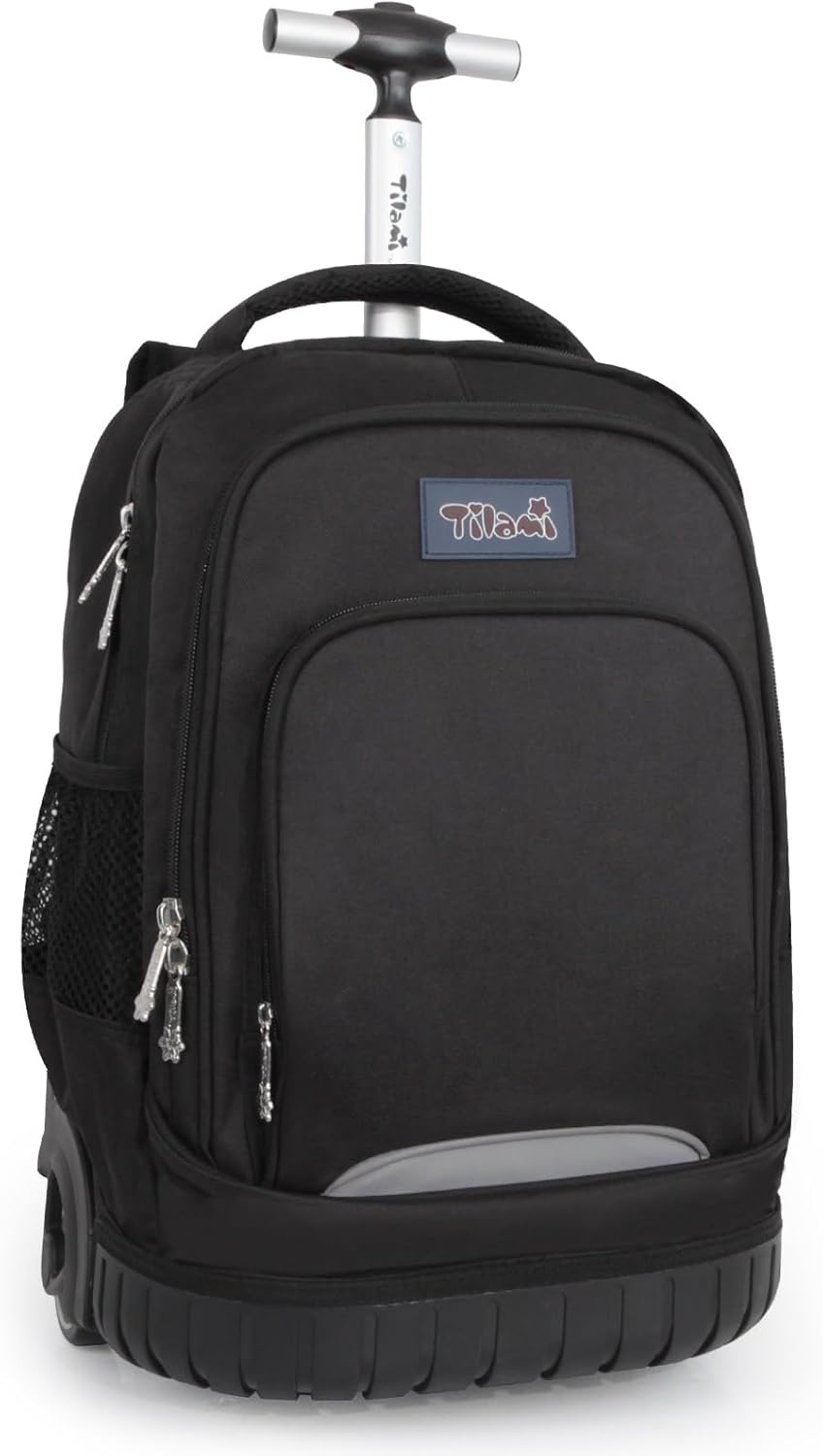 Tilami Kids Rolling Backpack 18 inch Boys and Girls Laptop Backpack, Black
