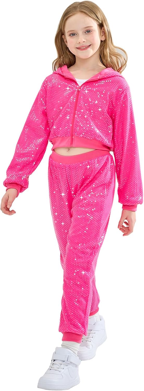 LOLANTA 2Pcs Girls Dance Outfits Cropped Sequin Jacket Pants Set, Kids Hip Hop Dance Costumes for 80s 90s Party 5-15 Years
