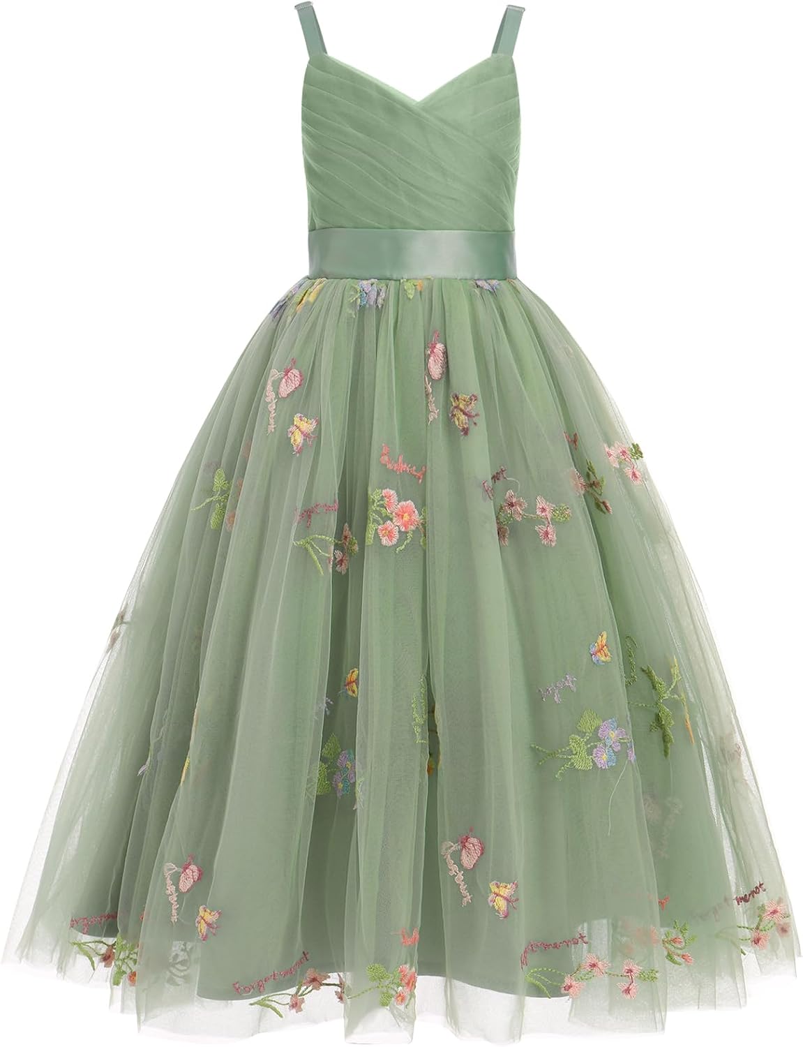 OBEEII Flower Girl Dress for Wedding Pleated V Neck Satin Tulle Princess Dress Junior Bridesmaids Pageant Formal Ball Gown