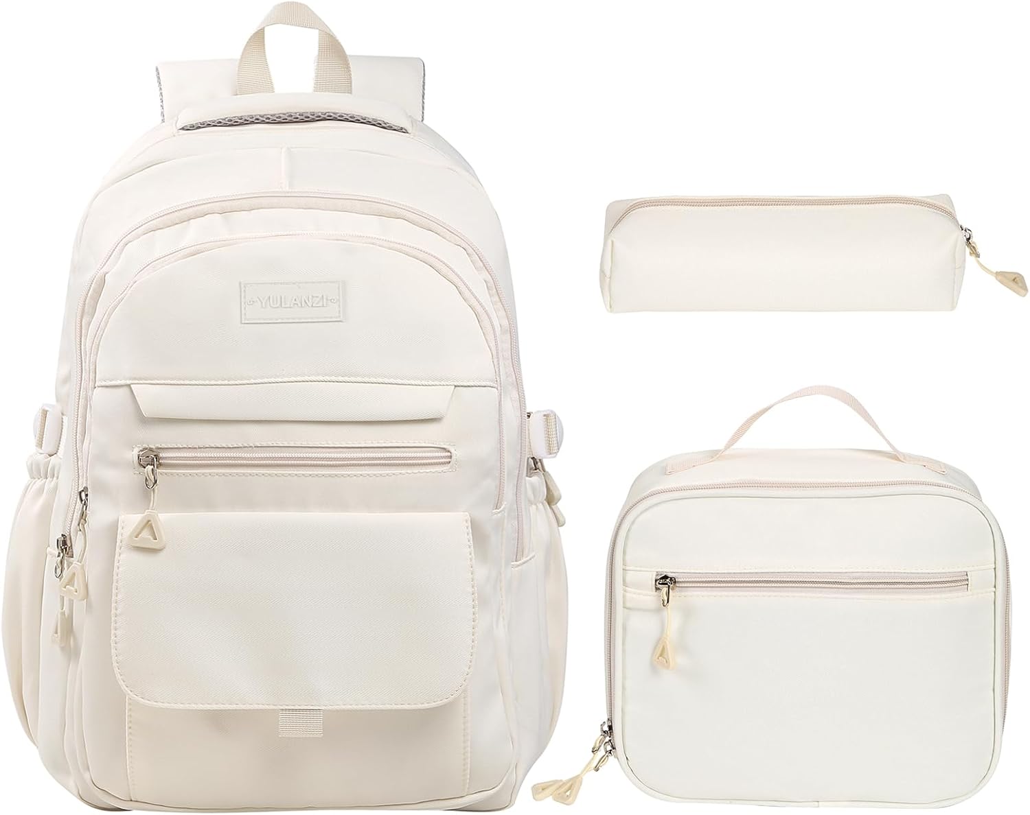 Phaoullzon Teen Girls School Backpack with Lunch Box for Boys, College Aesthetic Laptop Bookbag for Women,Beige