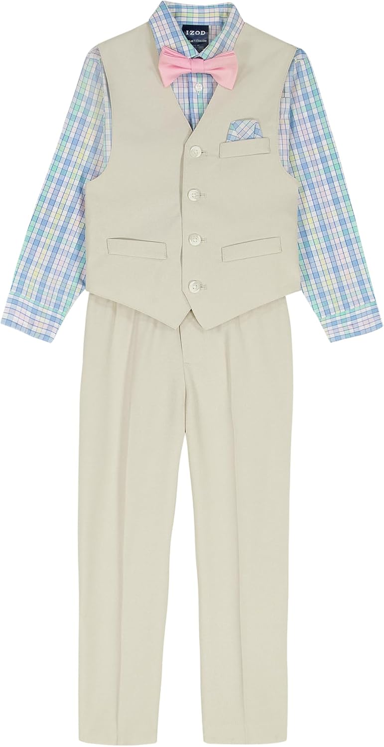 IZOD Boys’ 4-piece Formal Dress Up Suit Set, Vest, Pants, Collared Shirt, and Tie