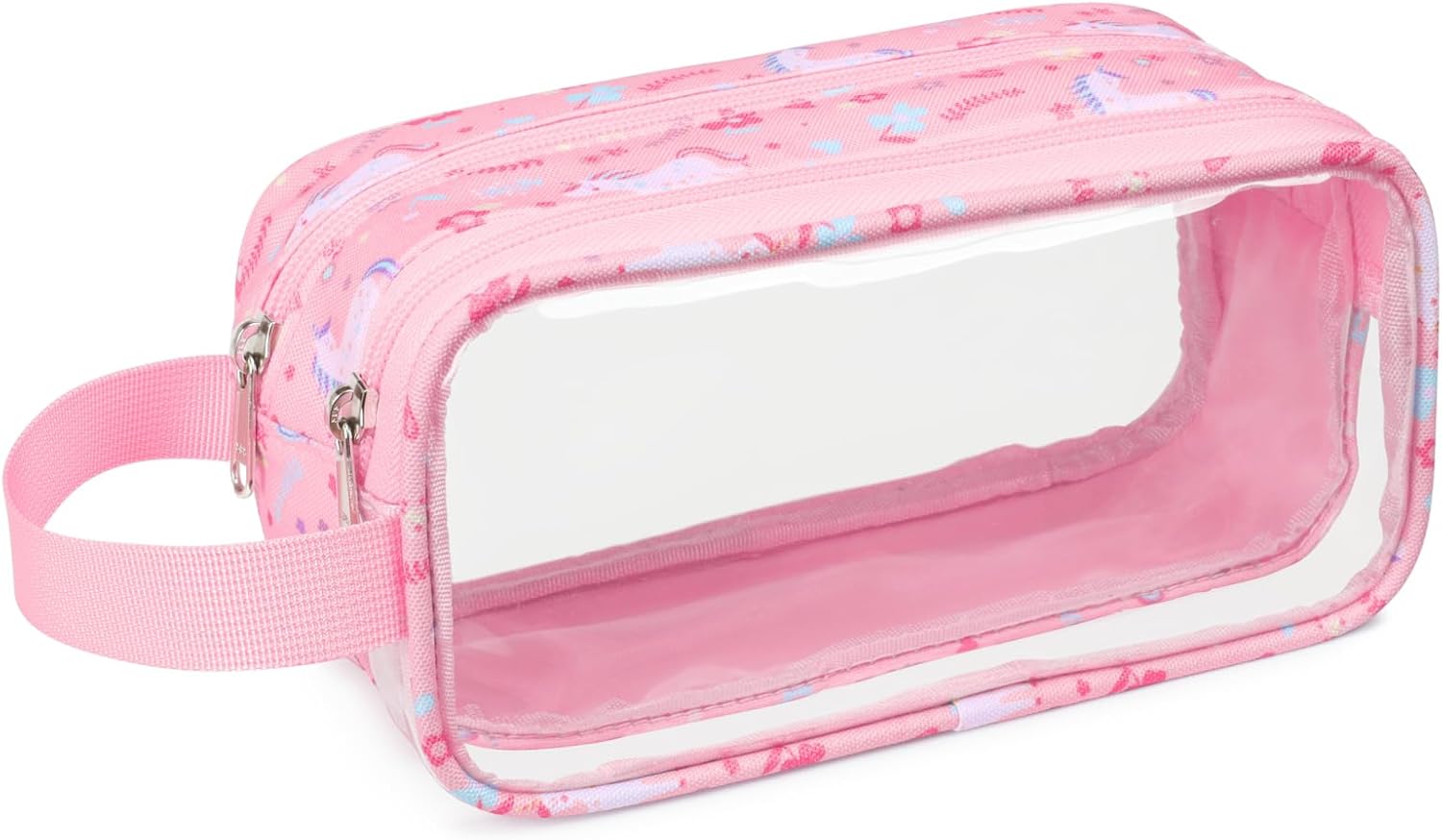 Bagseri Clear Pencil Pouch for Kids, Large Capacity Girls Pencil Case with Handle, Water Resistant Transparent Zipper Bag for School Supplies, Markers and Calculator, Pink Unicorn