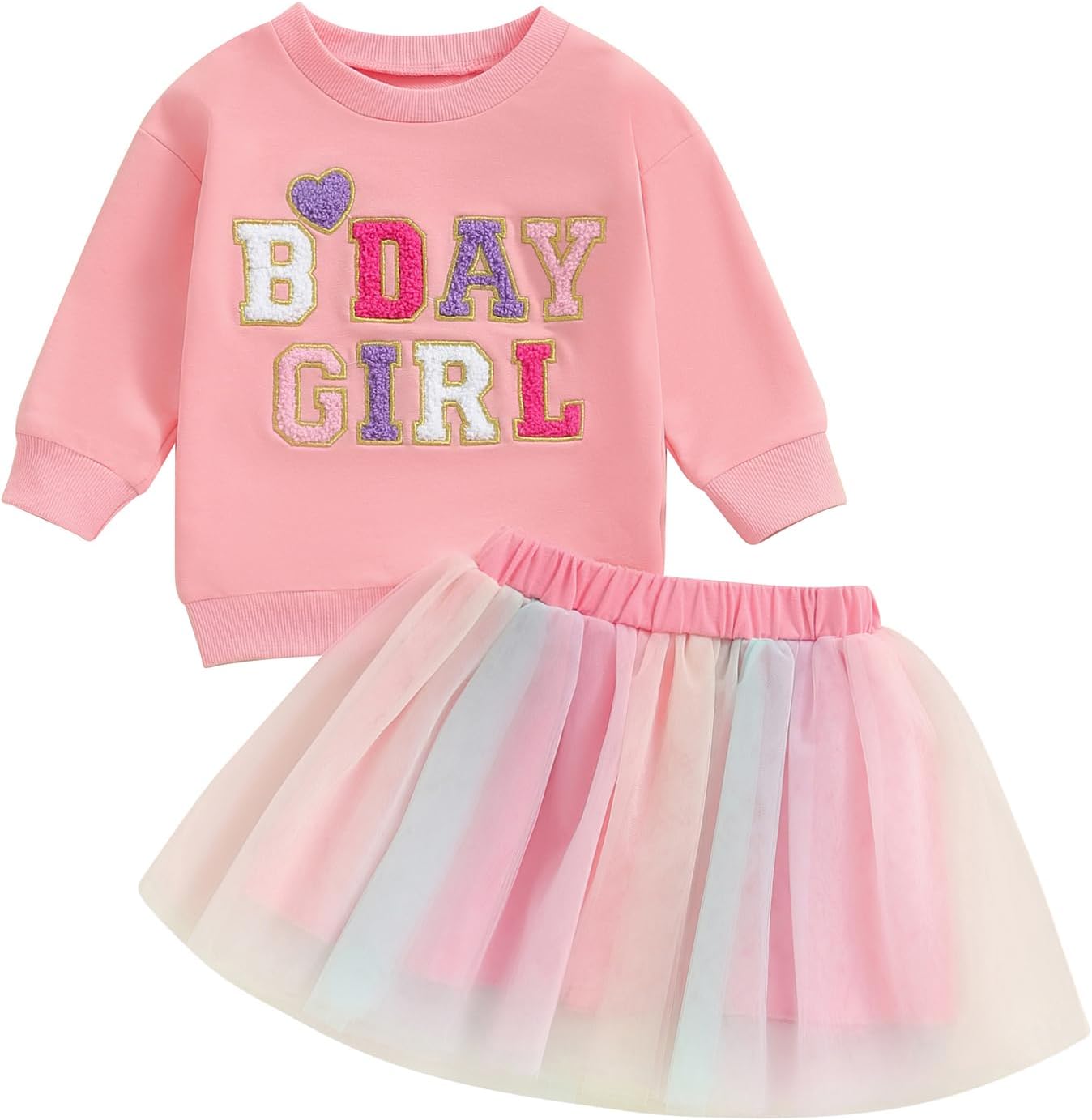 SAYOO Toddler Baby Girls Birthday Outfits Birthday Girl Embroidery Letter Sweatshirt Tops+Rainbow Tutu Skirt Fall Clothes