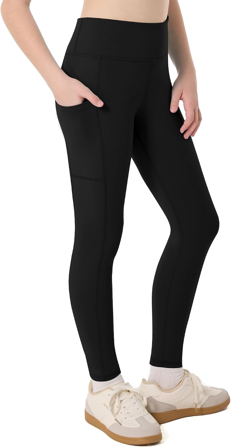Moozava Girls Athletic Leggings with Pockets Kids High Waisted Dance Pants Yoga Workout Running Cheer Gymnastics Tights