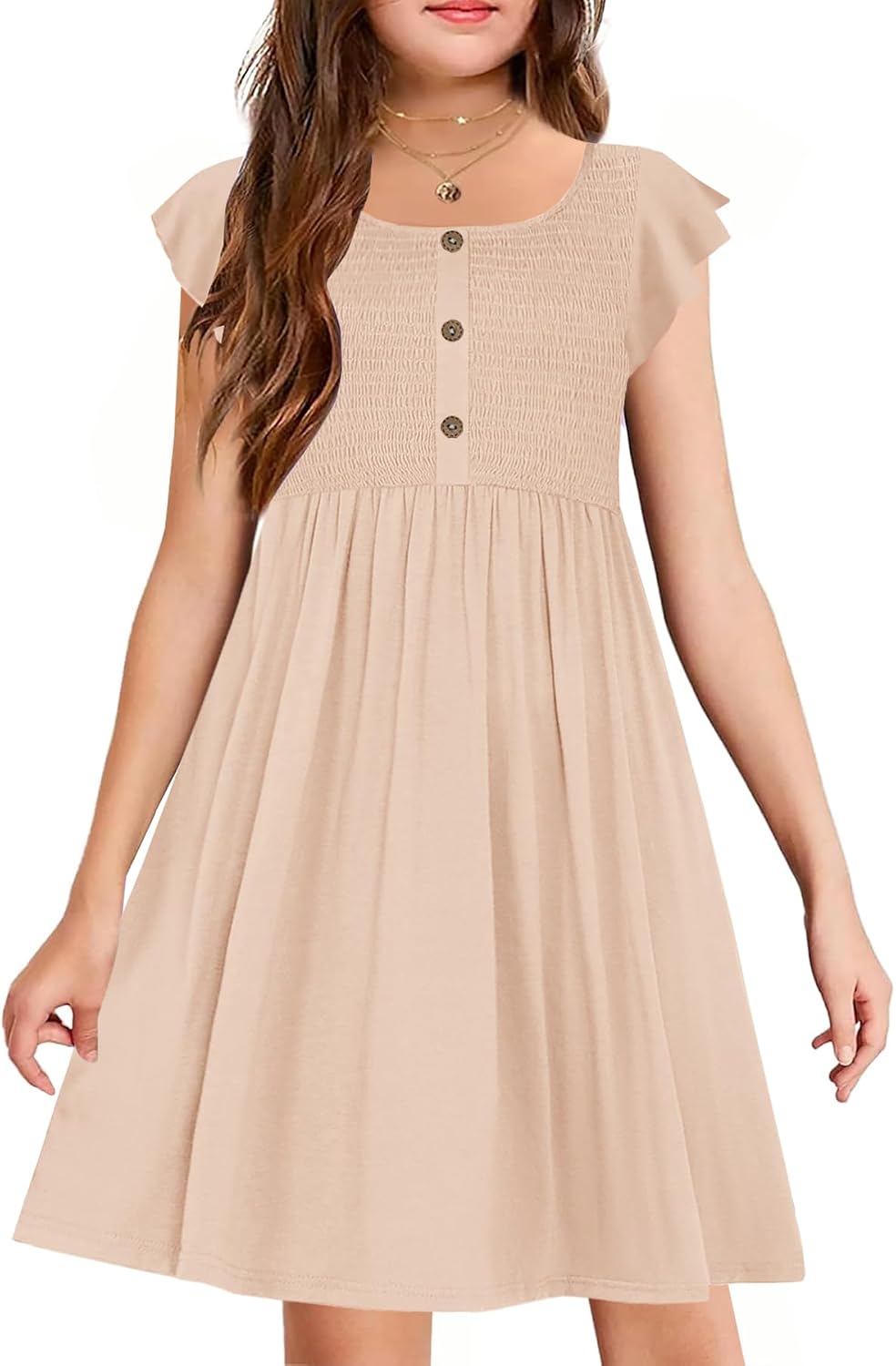 YOVION Girls Summer Ruffle Sleeve Smocked A-Line Button Down Casual Sundress with Pockets for 6-12 Y