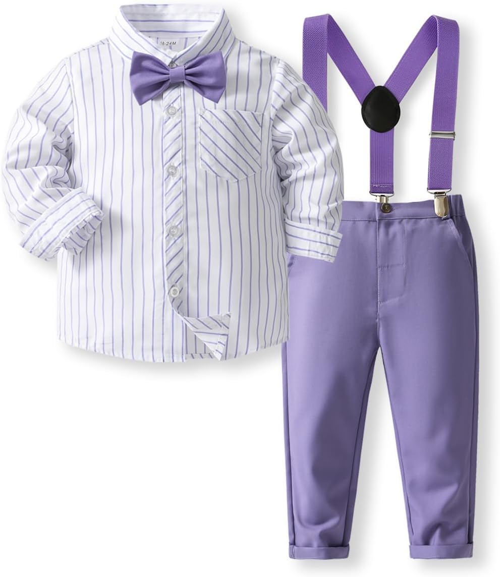 FIOMVA Kids Toddler Boy Gentleman Outfits Button Down Shirt Suspender Pant Wedding Formal Church Suit Dress Birthday Clothes
