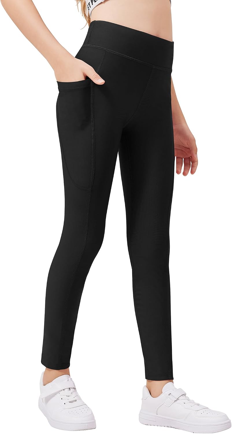 Zaclotre Girls Fleece Lined Leggings Warm Winter Running Tights for Kids High Waist Athletic Yoga Pants with Pockets
