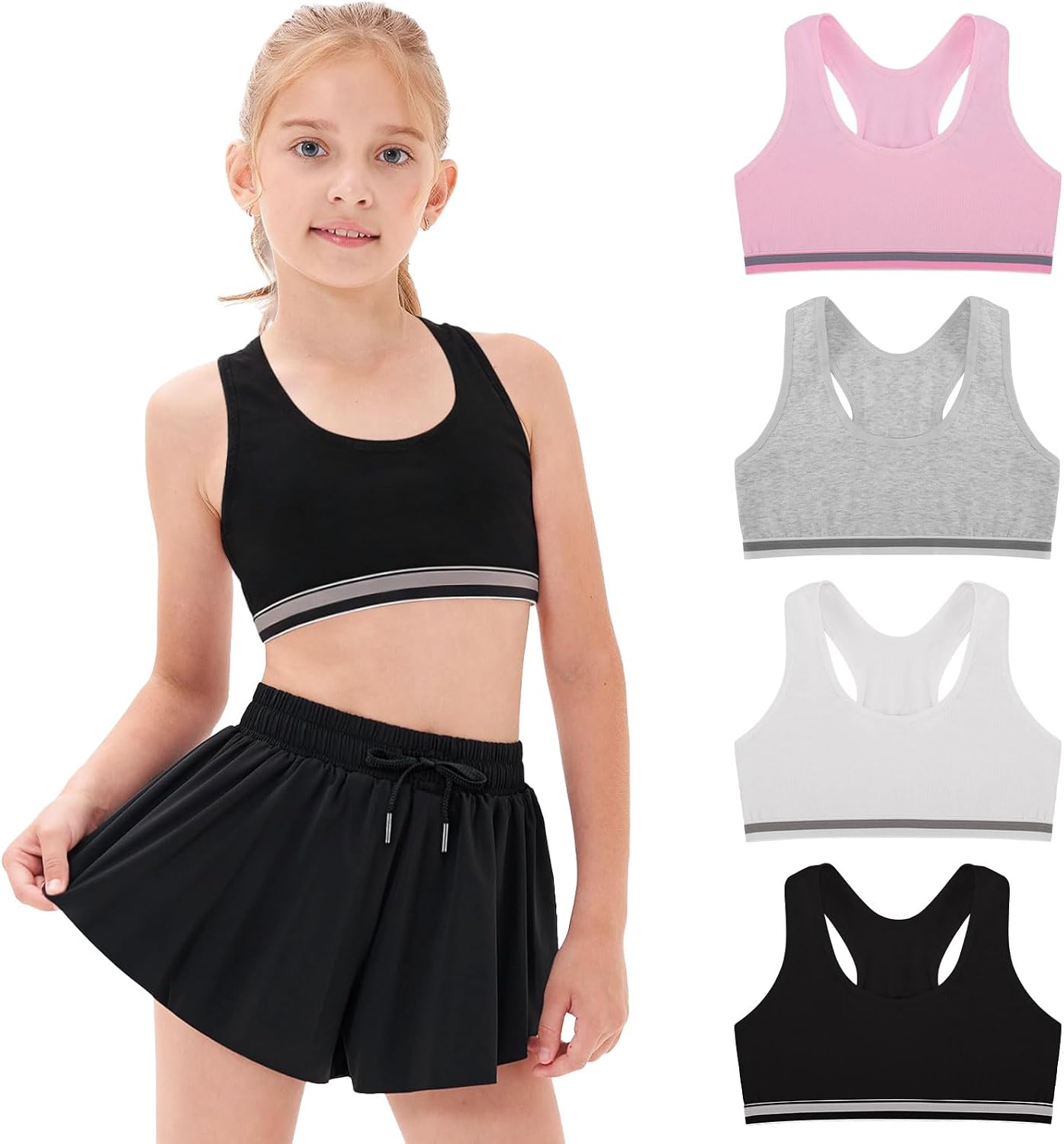 4 PCS Girls Training Bras Soft Cotton Crop Tops Unpadded Racerback Kids First Bra Sports Bra for Girls Age 7-14