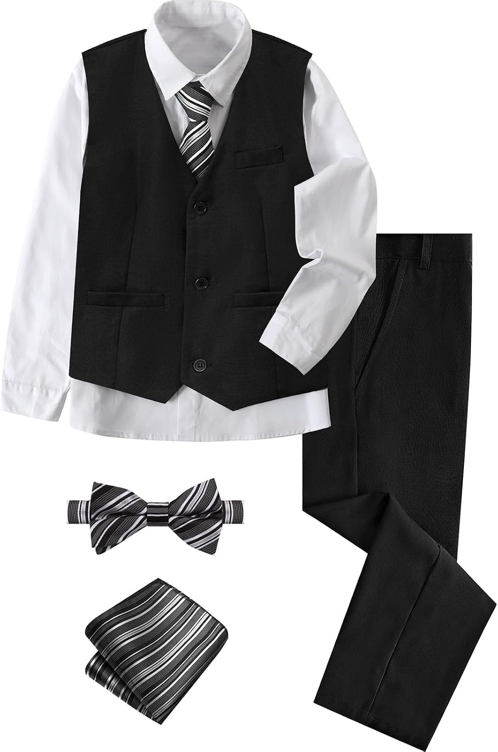 A&J DESIGN Boys 6-Piece Formal Suit Vest and Pant Set with Dress Shirts, Vest, Pants, Tie, Bowtie and Pocket Square