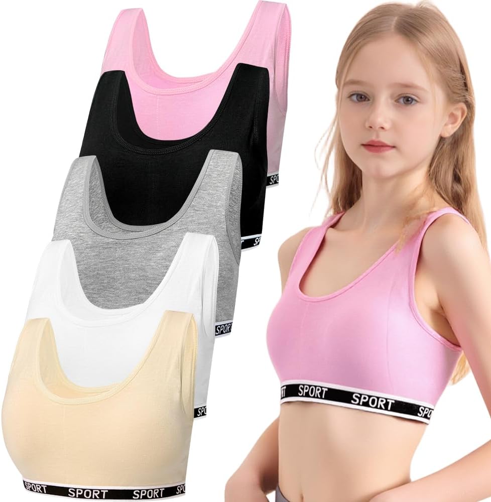 5 Pack Girls’Cotton Sports Bra with Removable Pads Comfort Wireless Underwear for Teens 8-15 Years