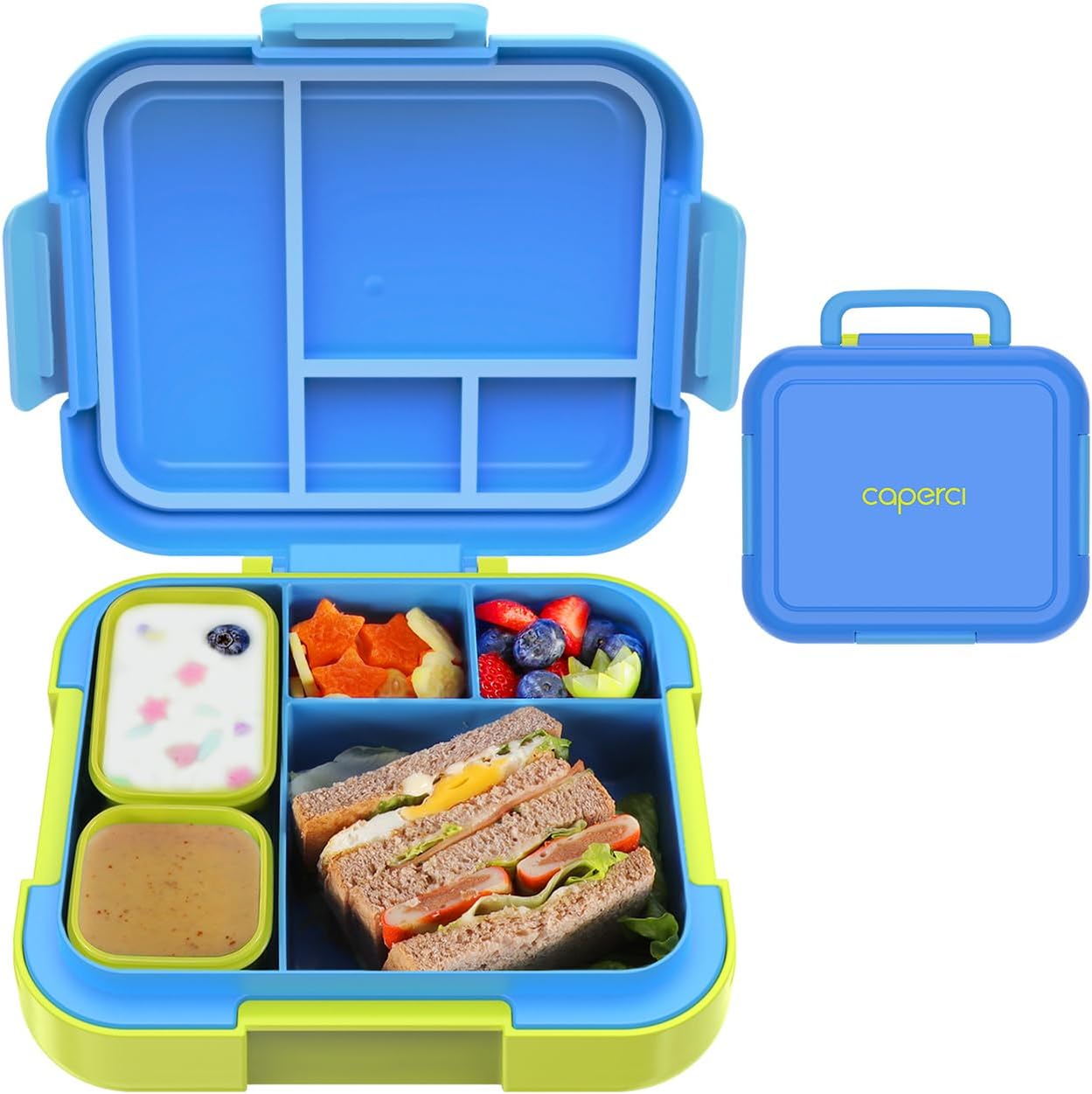 Caperci Bento Box for Kids- 4.8 Cups Lunch Box with 2 Modular Containers – 4 Compartments Lunch Container, Leak-Proof, Portable Handle, Microwave/Dishwasher Safe (Blue/Juicy Pear)