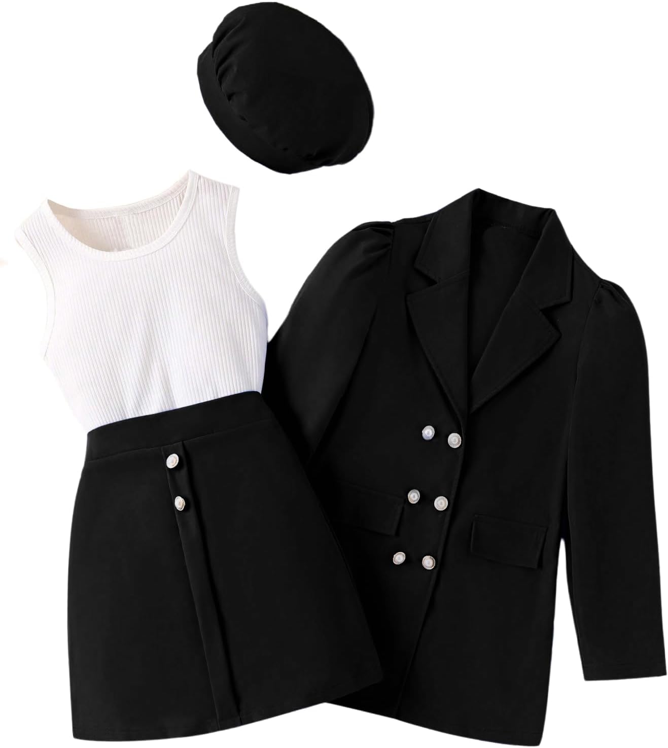 Milumia Girl’s 4 Piece Outfits Knit Top Mini Skirt and Blazer Jacket with Hats