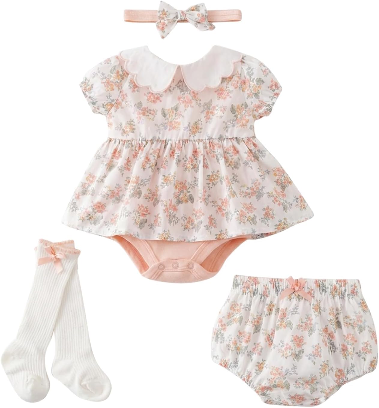 Baby Girl Bodysuit Dress Baby Girl Summer Outfits Dress Romper Floral Bloomer Shorts Socks and Headband