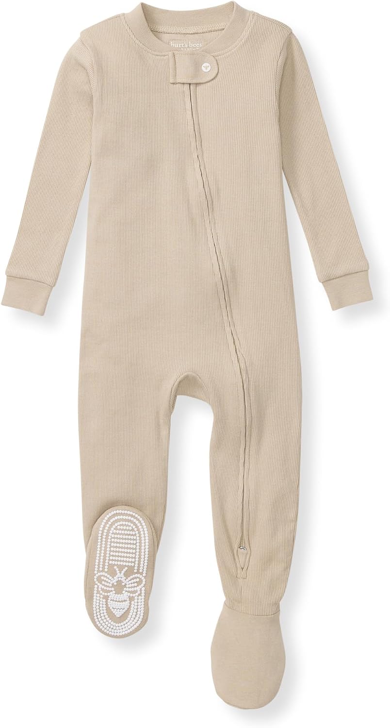 Burt’s Bees Baby Organic Cotton Footed Pajamas for Boys, Zipper PJ Sleeper, Snug Fit Sleepwear with Non-Slip Bee Grips