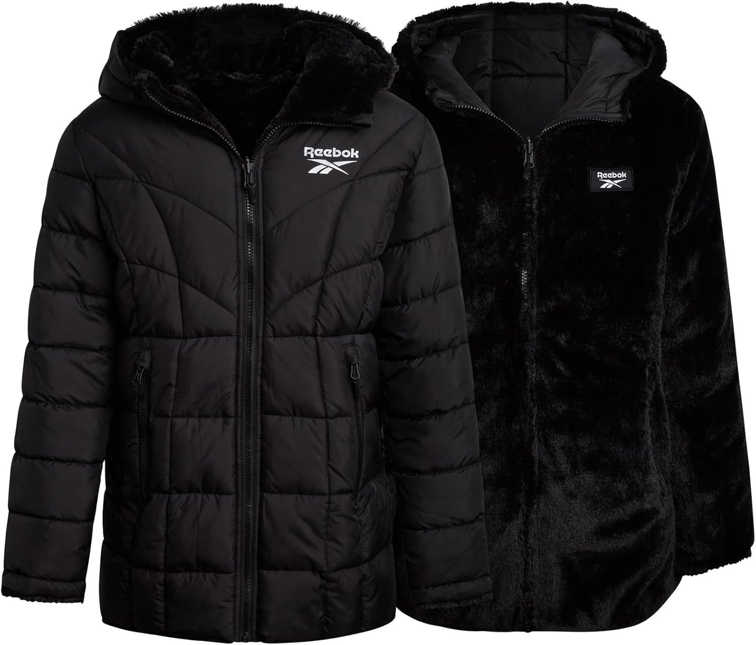 Reebok Girls Puffer Jacket – Reversible Hooded Fur Winter Coat – Wind and Water Resistant Insulated Quilted Jacket for Girls