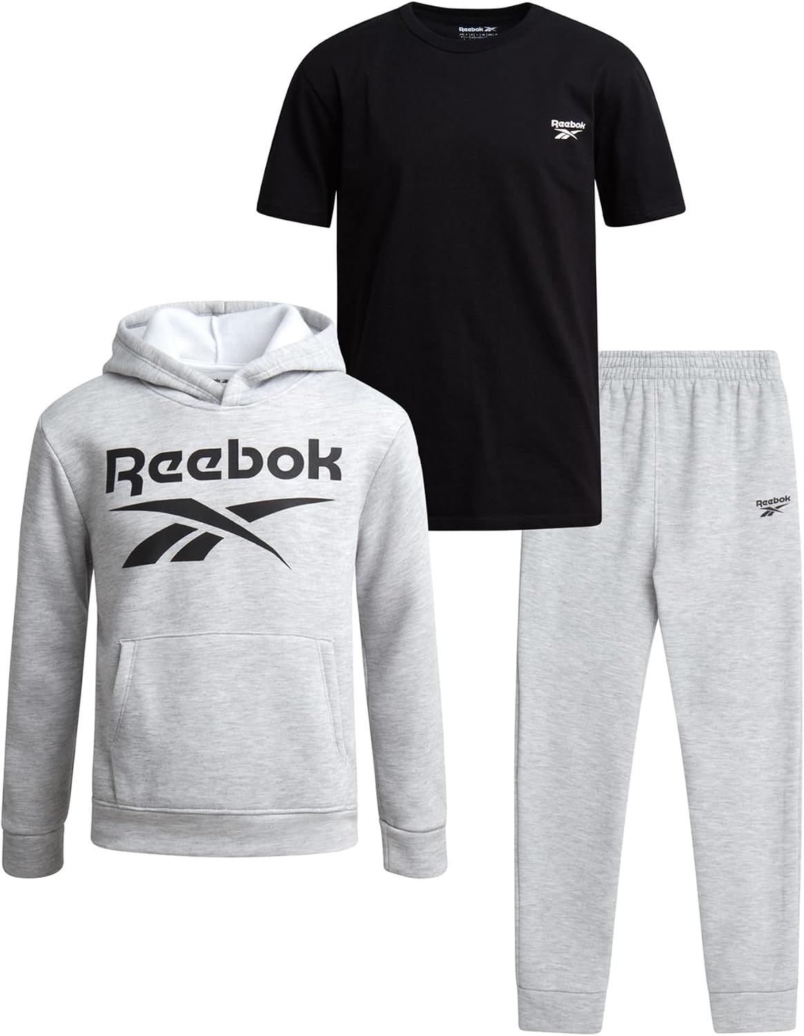 Reebok Boys Sweatsuit Set – 3 Piece Athletic Jogger Set with Fleece Pullover Hoodie Sweatshirt, Sweatpants & T-Shirt for Boys