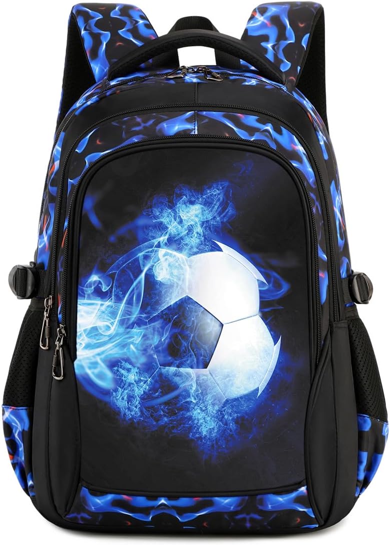 mezhsa Boys Backpack Kids Bookbag Durable Elementary Middle School Bags Soccer 18in (X-Blue)