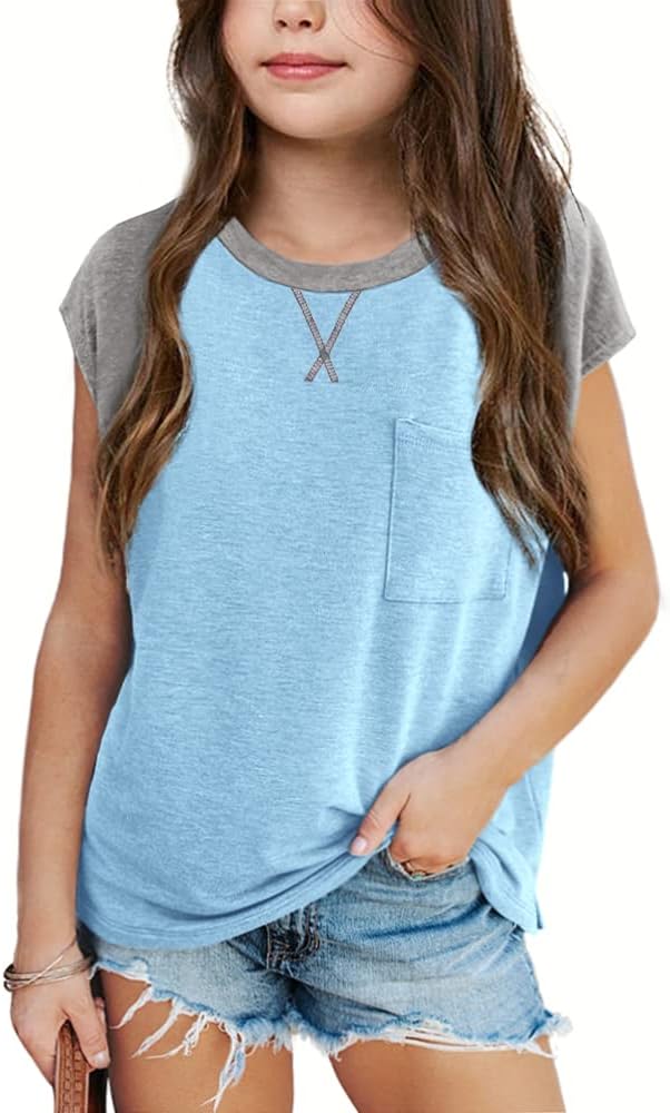 Imily Bela Girls Summer T Shirts Casual Cap Sleeve Crewneck Raglan Tops with Pocket
