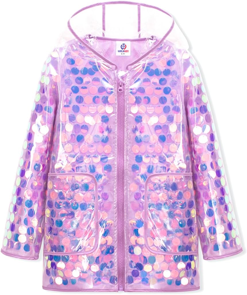 WELAKEN Girls Sequin Raincoat Waterproof Reusable Hooded Outwear Rain Jacket with Lining