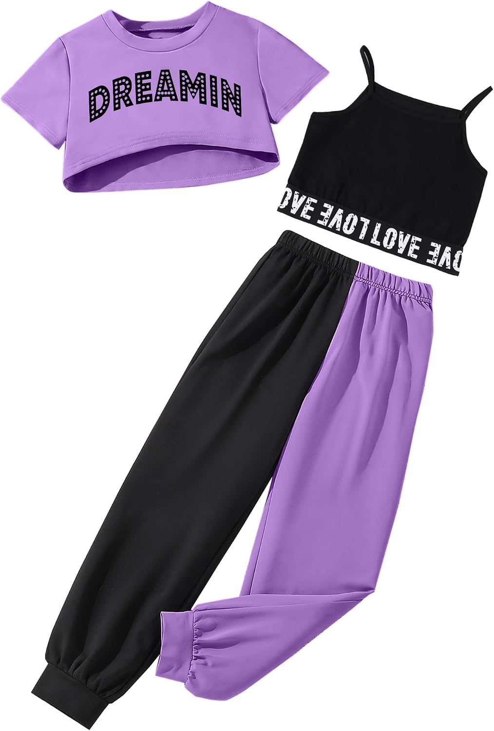 Girls Summer 3 Pieces Outfits Graphic Crop Top Cami and Color Block Sweatpants Clothing Set