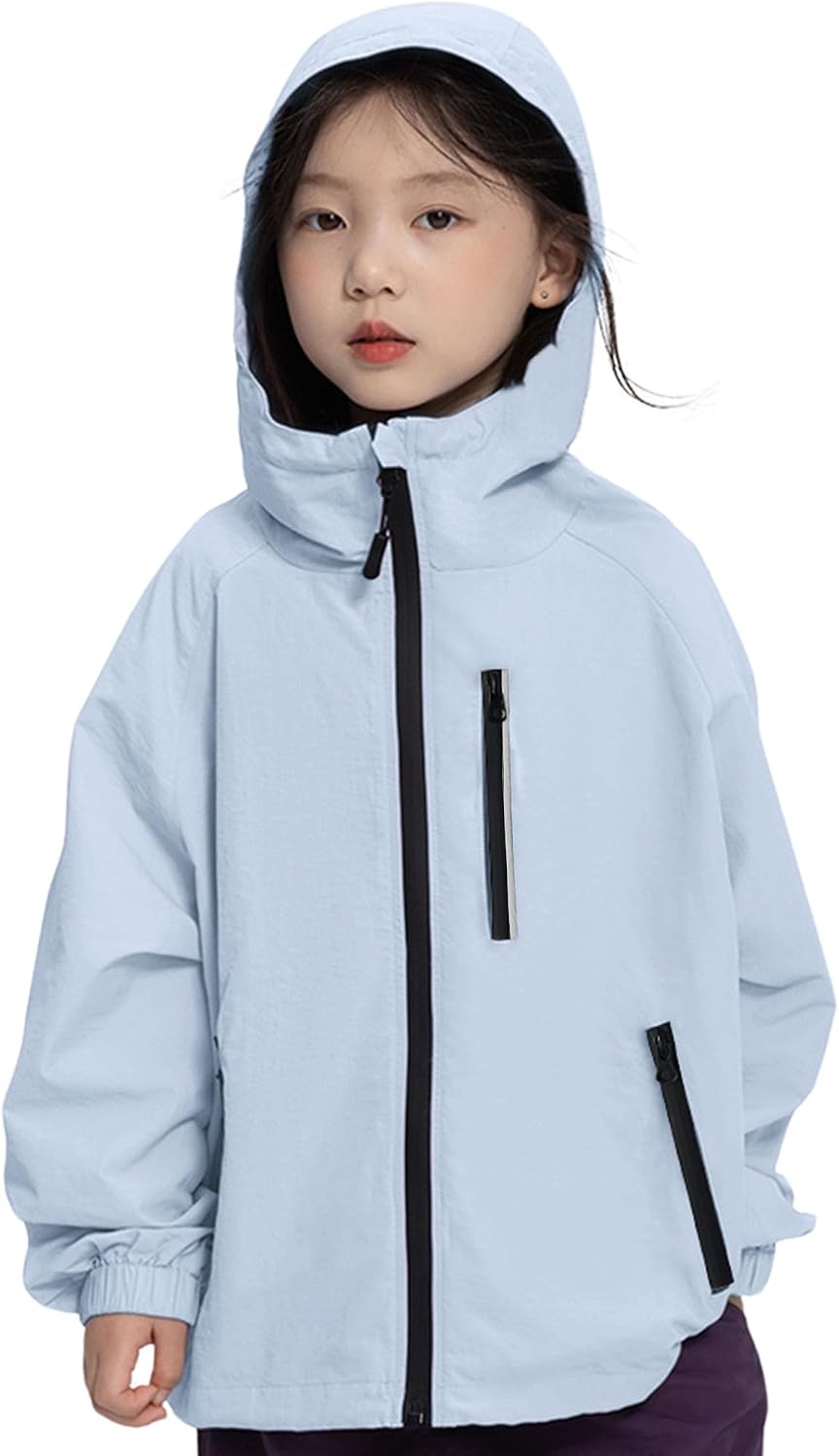 Rolanko Girls Rain Jacket Boys Sportswear Water Resistant Hoodie Kids Lightweight Raincoats Windbreaker Outdoor 6-16