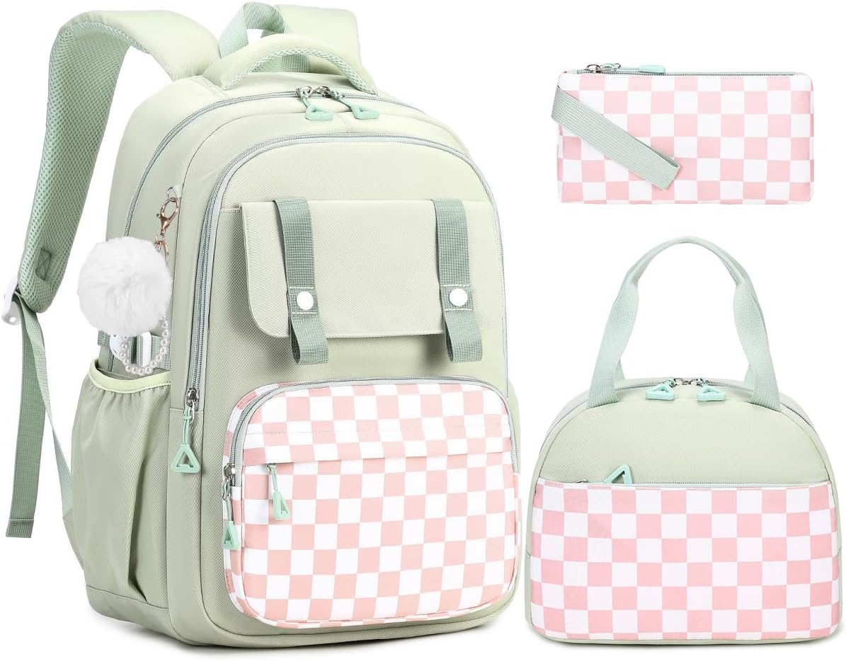 Amythe Girls Backpack with Lunch Box 3Pcs, Waterproof School Bag Set for Teen Elementary Middle School, Multi-Pocket Laptop Bookbag Lightweight, Green
