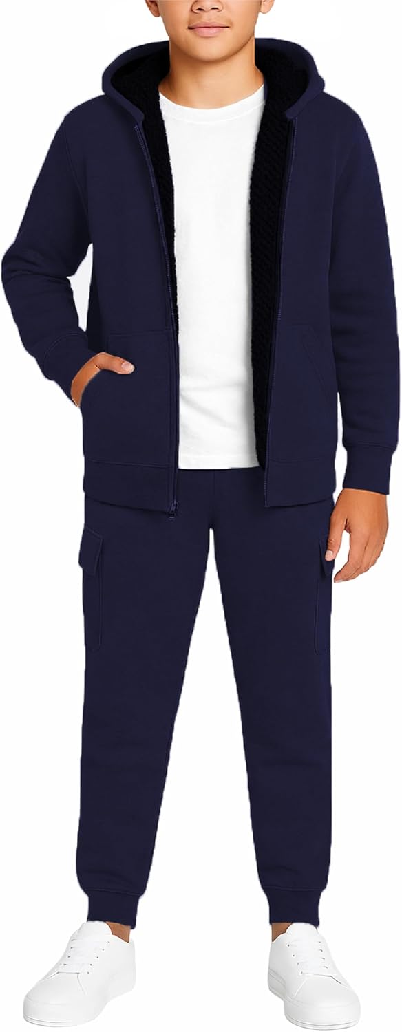 Quad Seven Boys Sweatsuit Set – 2 Piece Sherpa Fleece Lined Zip Up Boys Hoodie and Cargo Athletic Pants Kids Suits Set (8-18)