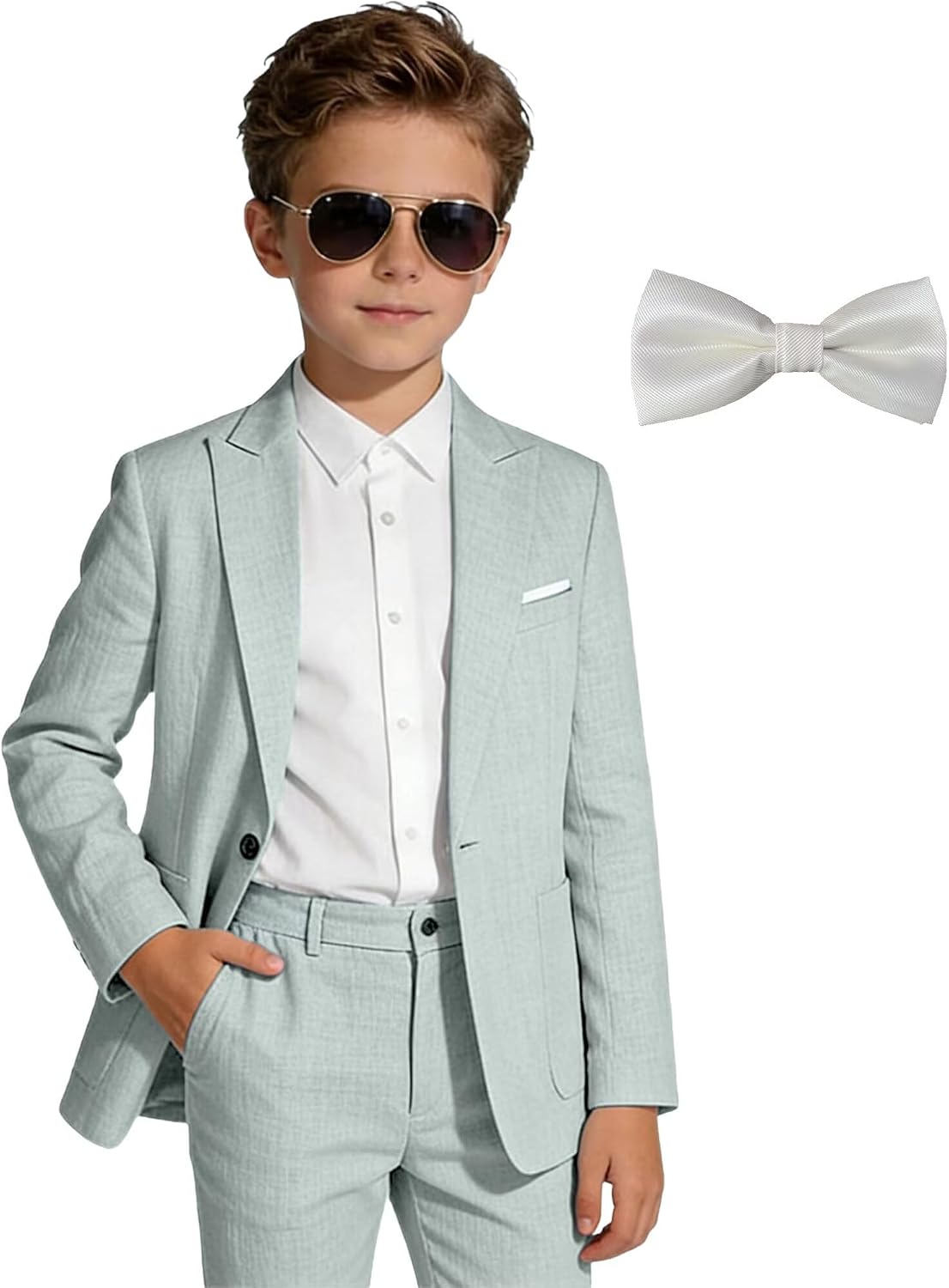Kids Linen Suits for Toddler Boy 2 Piece Slim Fit Summer Outfit for Teen Casual Beach Wedding Tuxedo Jacket Pants Set