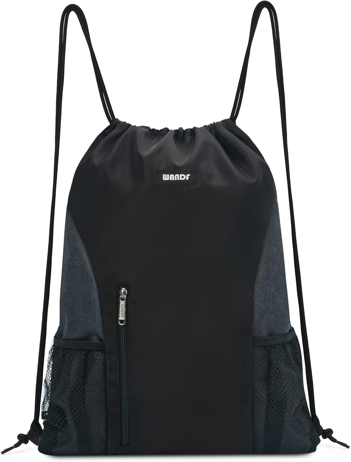 WANDF Drawstring Backpack Sports Gym Sackpack with Mesh Pockets Water Resistant String Bag for Women Men(Black)