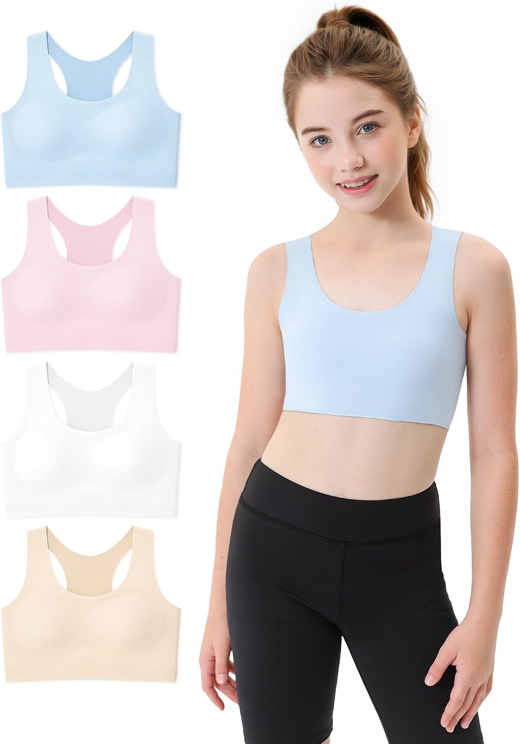 JOCMIC 4 Packs Girls Sports Bra Kids Racerback Training Bras with Sewn in Pads for Tween