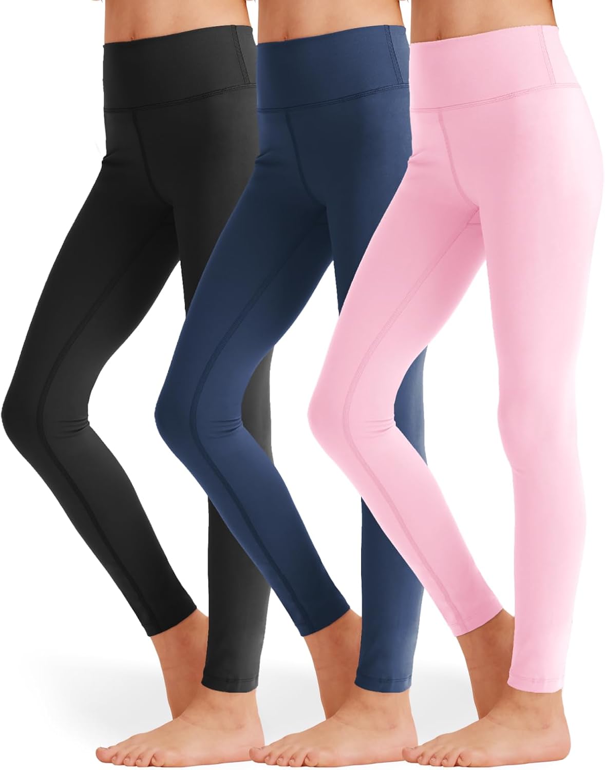 3 Pack Girls Black Athletic Leggings, Printed Ankle Length High Waisted Yoga Pants for Kids Teen