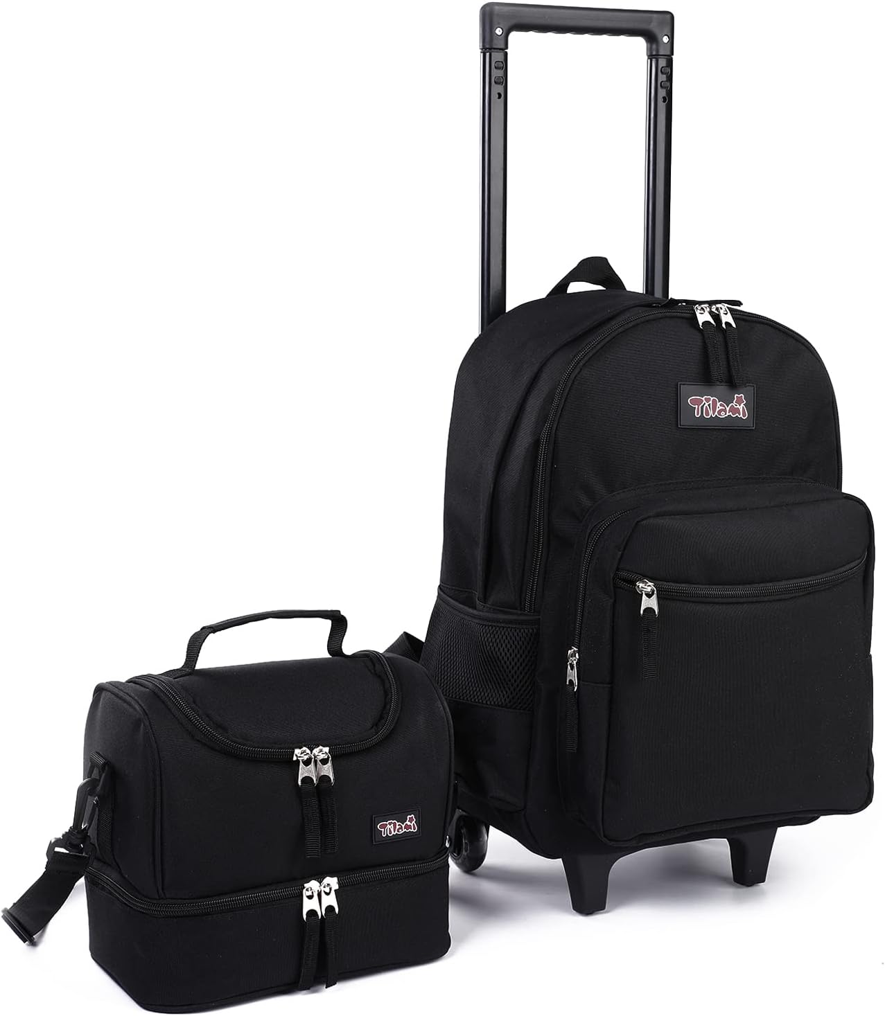 Tilami Rolling Backpack 18 inch Double Handle with Lunch Bag Wheeled Kids Backpack for Girls and Boys, Black