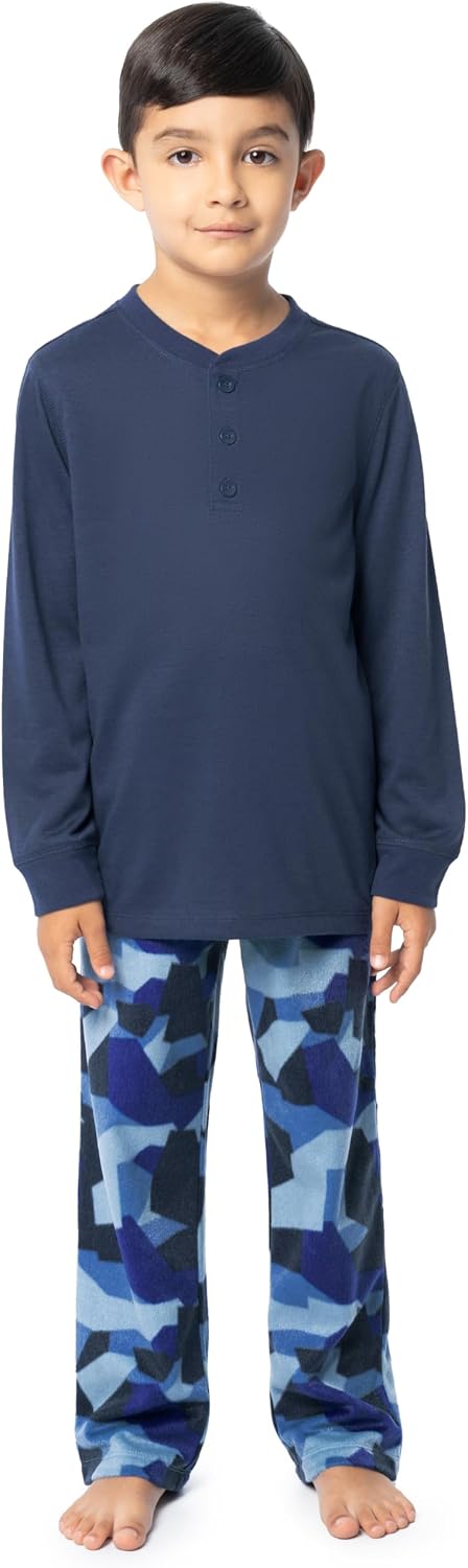 Fruit of the Loom Boys’ Long Sleeve Jersey Henley Top and Fleece Pant Sleep Pajama Set