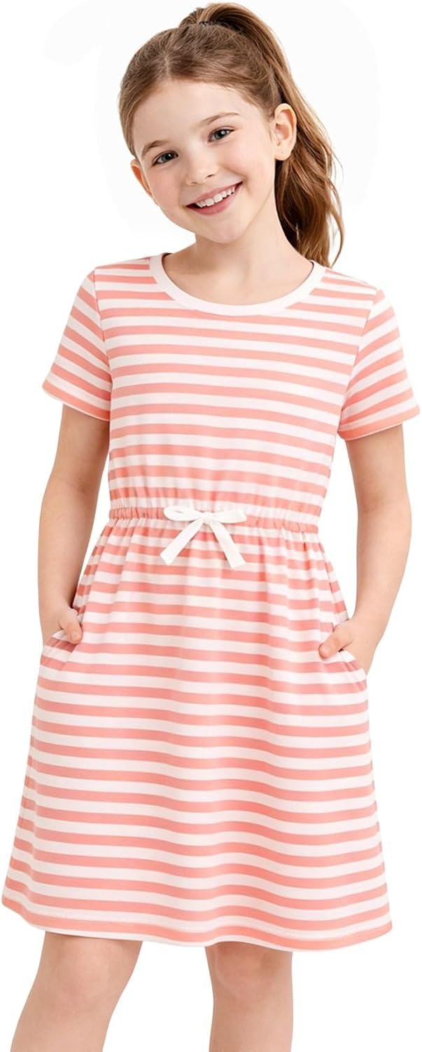 HILEELANG Girls’ Striped Dress Elastic Waist Short Sleeve Spring Summer Casual Dress for Ages 5-13