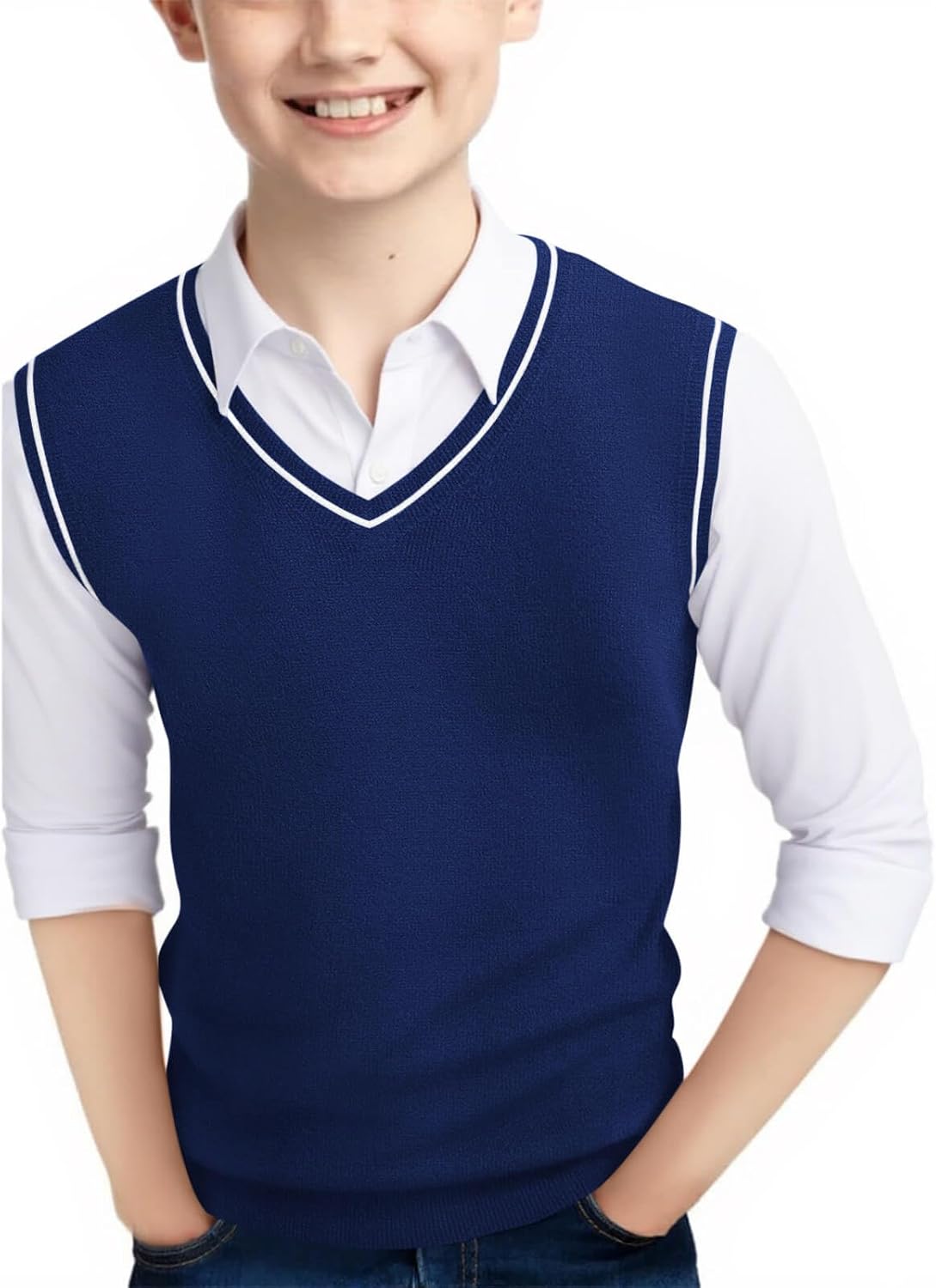 Haloumoning Boys Sweater Vest Kids Uniform Vest Casual V Neck Knit Pullover Sweater 5-14Y