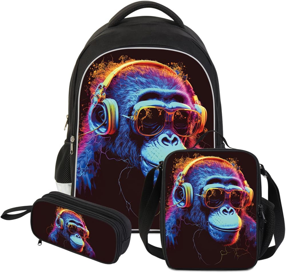 ZRENTAO 3 Pcs Kids Backpack, 3D Reflective Cartoon, 600D Polyester & Dual Zippers, 17″ Bookbag with Ergonomic Design for boys & girls age 6-18, Gorilla Space Style for school Children Kids