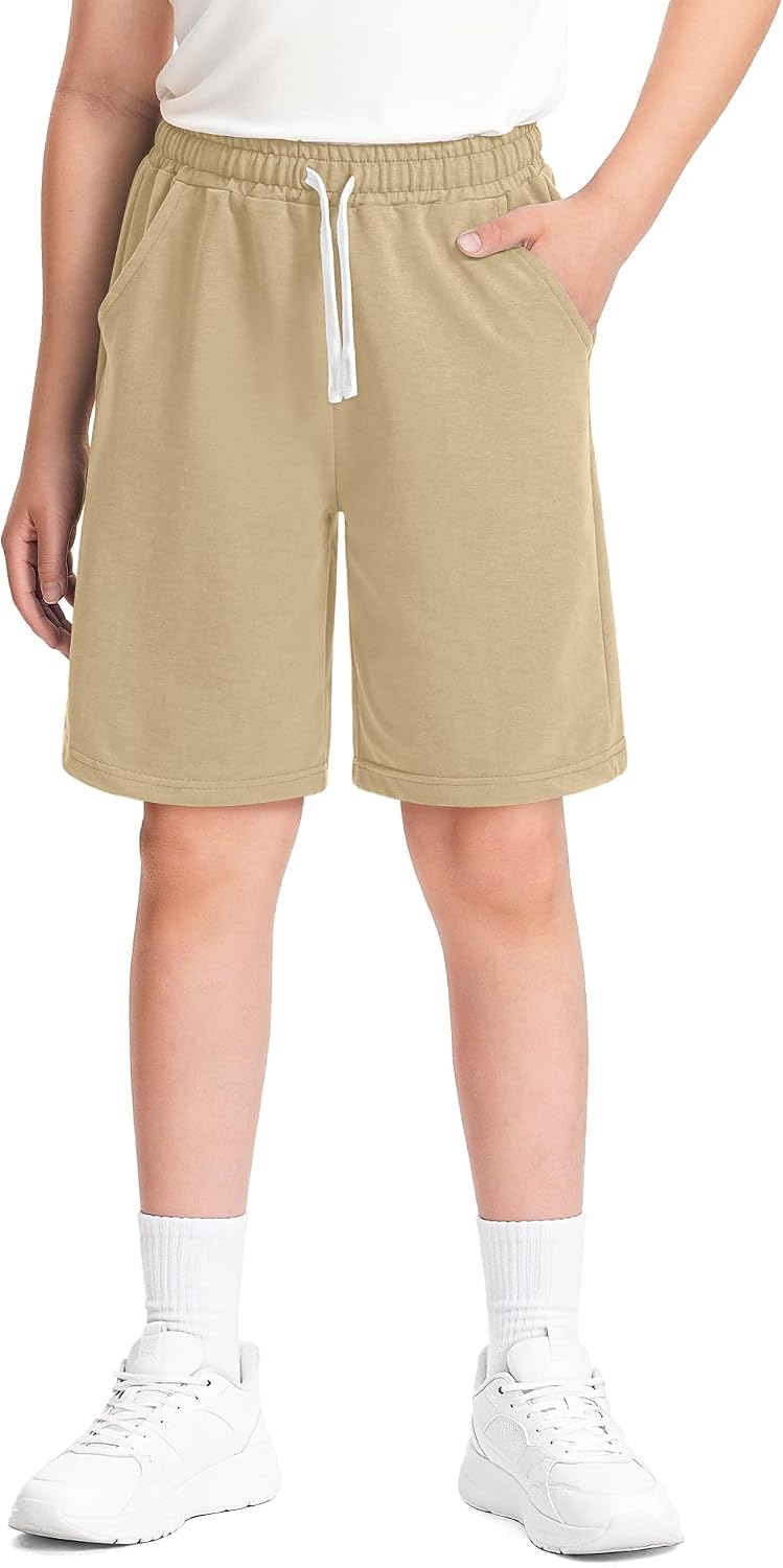 BOOPH Boys Cotton Shorts Kids Athletic Casual Drawstring Shorts with Pockets 5-14 Years