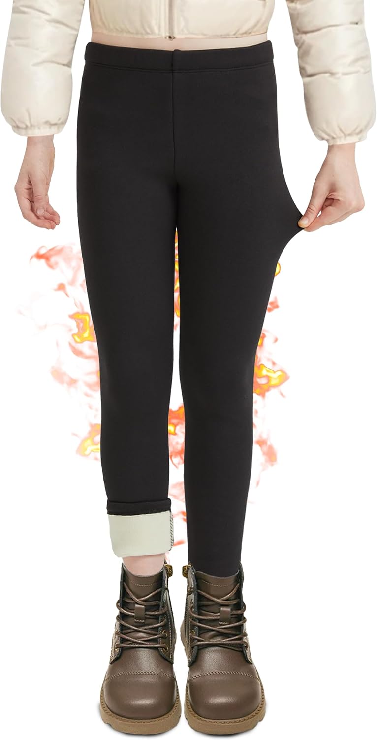 DDOBB Girls Fleece Lined Leggings Black Winter Thermal Warm Clothes Running Thick Pants Cold Weather for Kids 5-13 Years