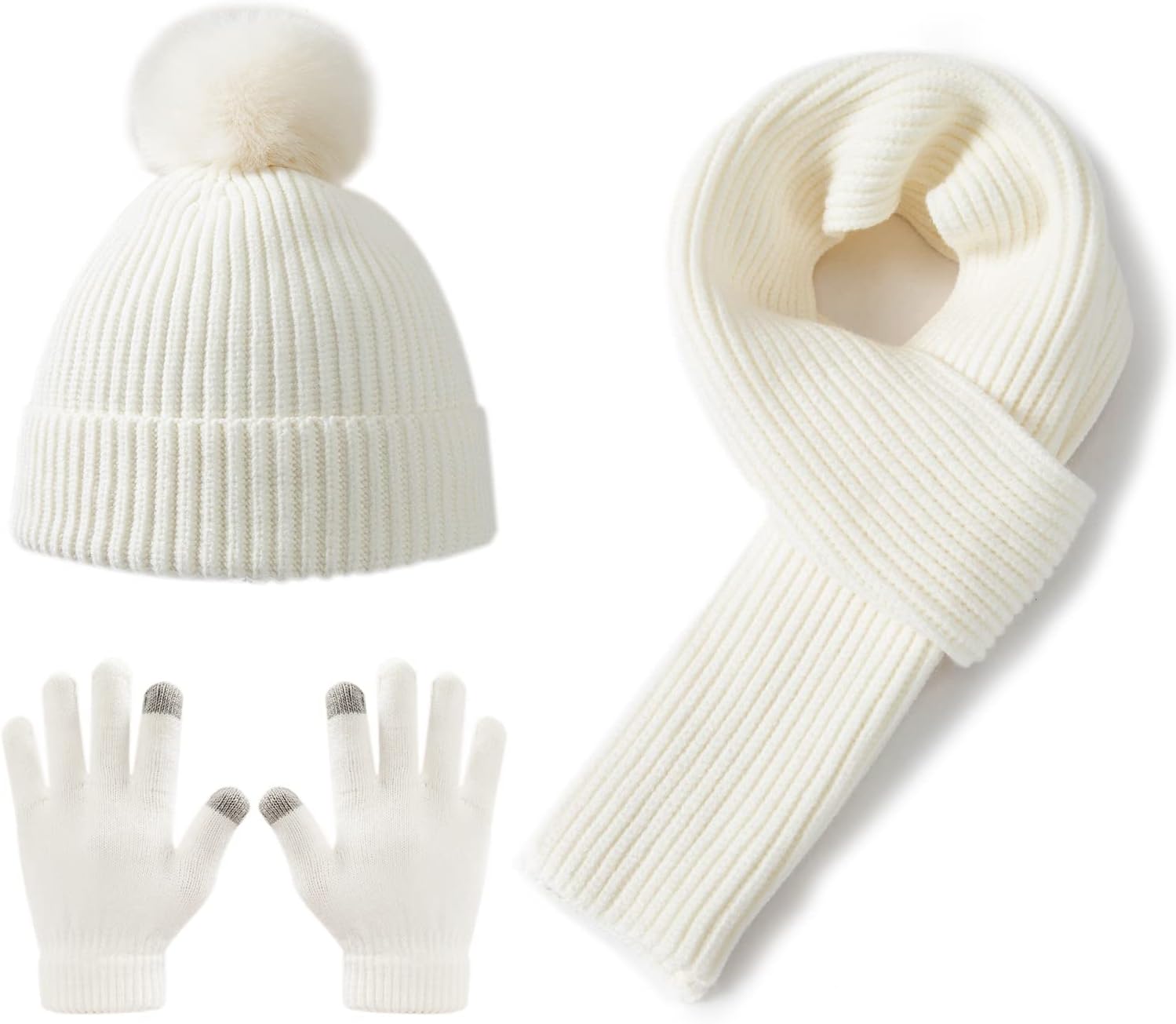 Lallier 3Pcs Kids Hat Scarf and Snow Gloves Set, Winter Knit Warm Soft Pom-Pom Beanie Outdoor for Boys Girls and Toddlers