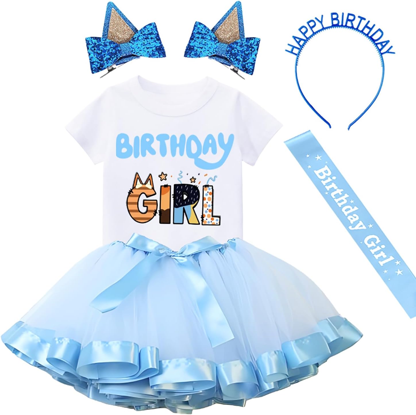 Birthday Girls Outfit T-Shirt Tutu Skirt Sets with Blue Ears Hair Clips Headband and Satin Sash…