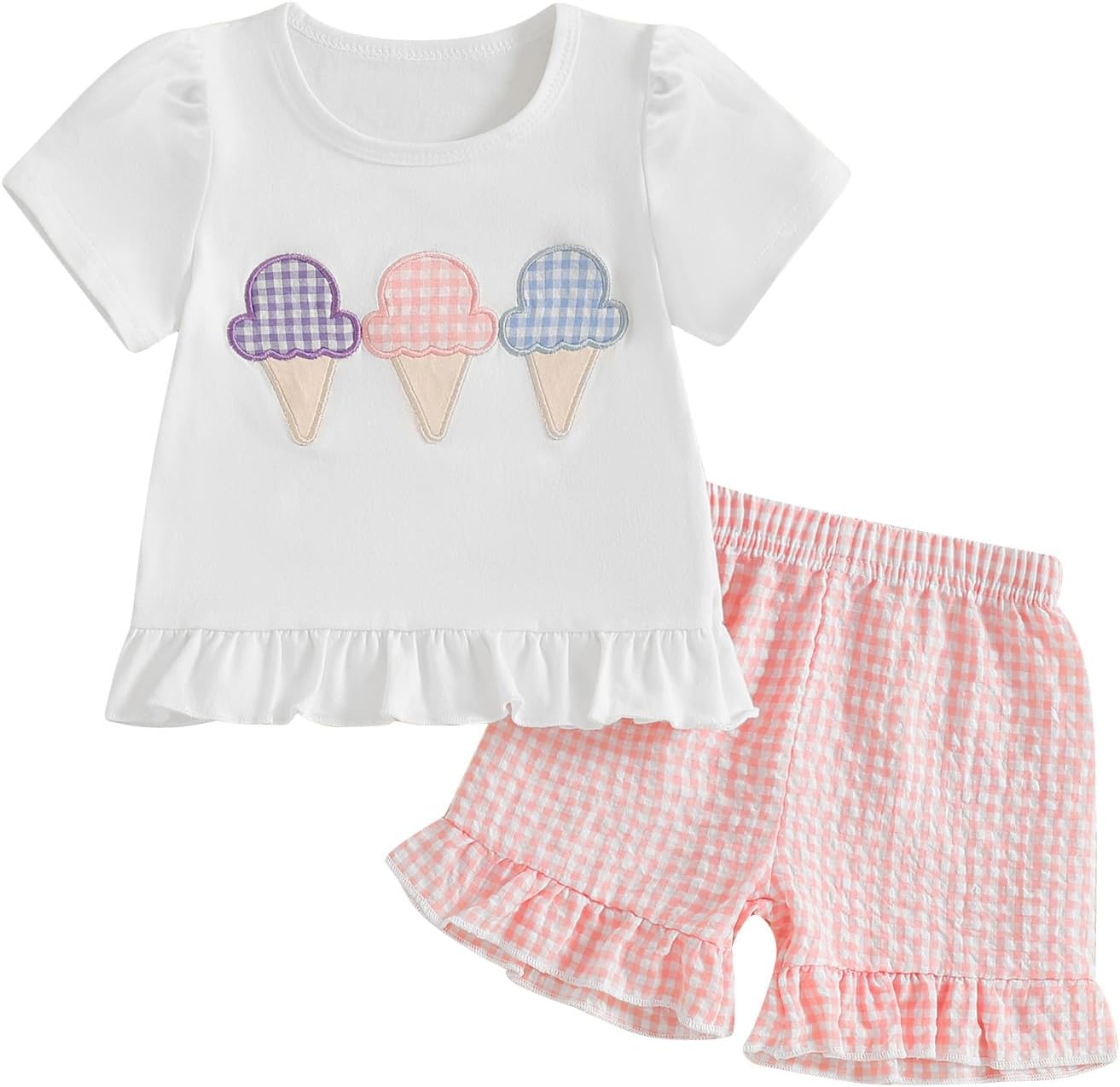 fhutpw Toddler Baby Girls Summer Clothes Smocked Short Sleeve T-Shirt Tops Ruffled Plaid Short Sets Cute Outfits 2Pcs