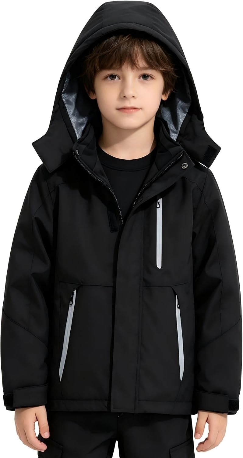 KVE Boys’ Waterproof Ski Jacket Outdoor Recreation Thick Winter Coat Hooded Raincoats