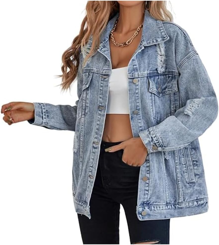 LifeShe Women’s long oversized denim jacket boyfriend ripped distressed jean jackets coat