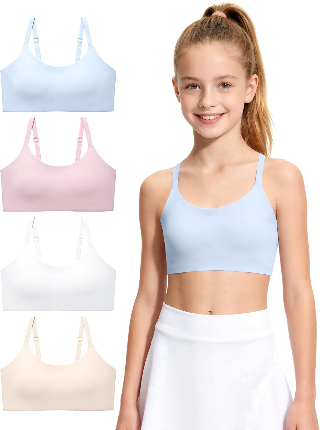 Auranso Girls Training Bras Kids Sports Bra Fixed Padded Crop Cami for Teens with Adjustable Straps 9-14 Years