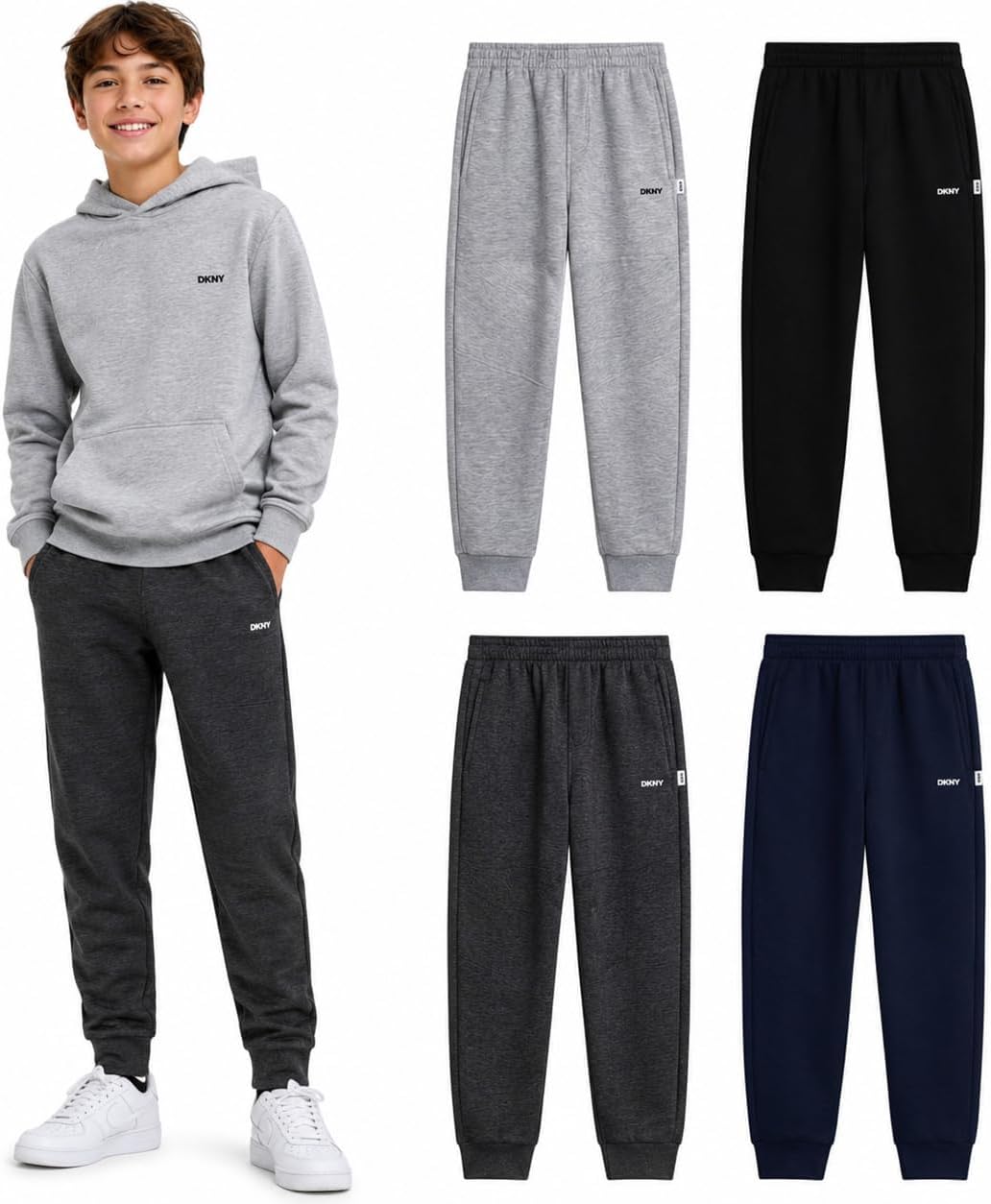 DKNY Boys Sweatpants – 4 Pack Active Performance Soft Fleece Boys Joggers Athletic Pants with Elastic Waistband and Pockets
