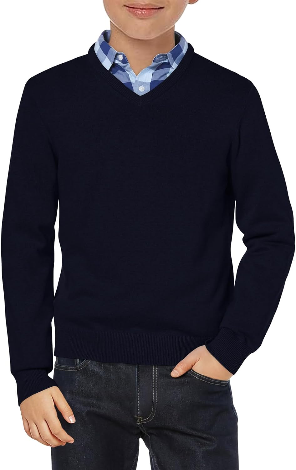 Haloumoning Boys School Uniform Sweater Kids Long Sleeve V Neck Pullover Fall Winter Clothes 5-14 Years
