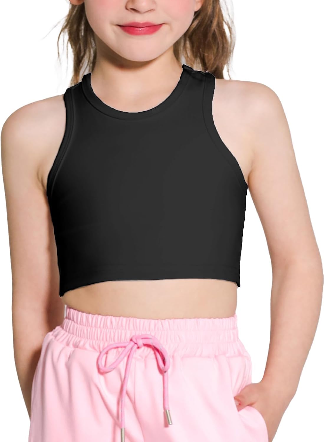 Girls Sports Bra Racerback Crop Tank Top for Kids High Neck Sleeveless Athletic Dance Top Teen 3-12Y
