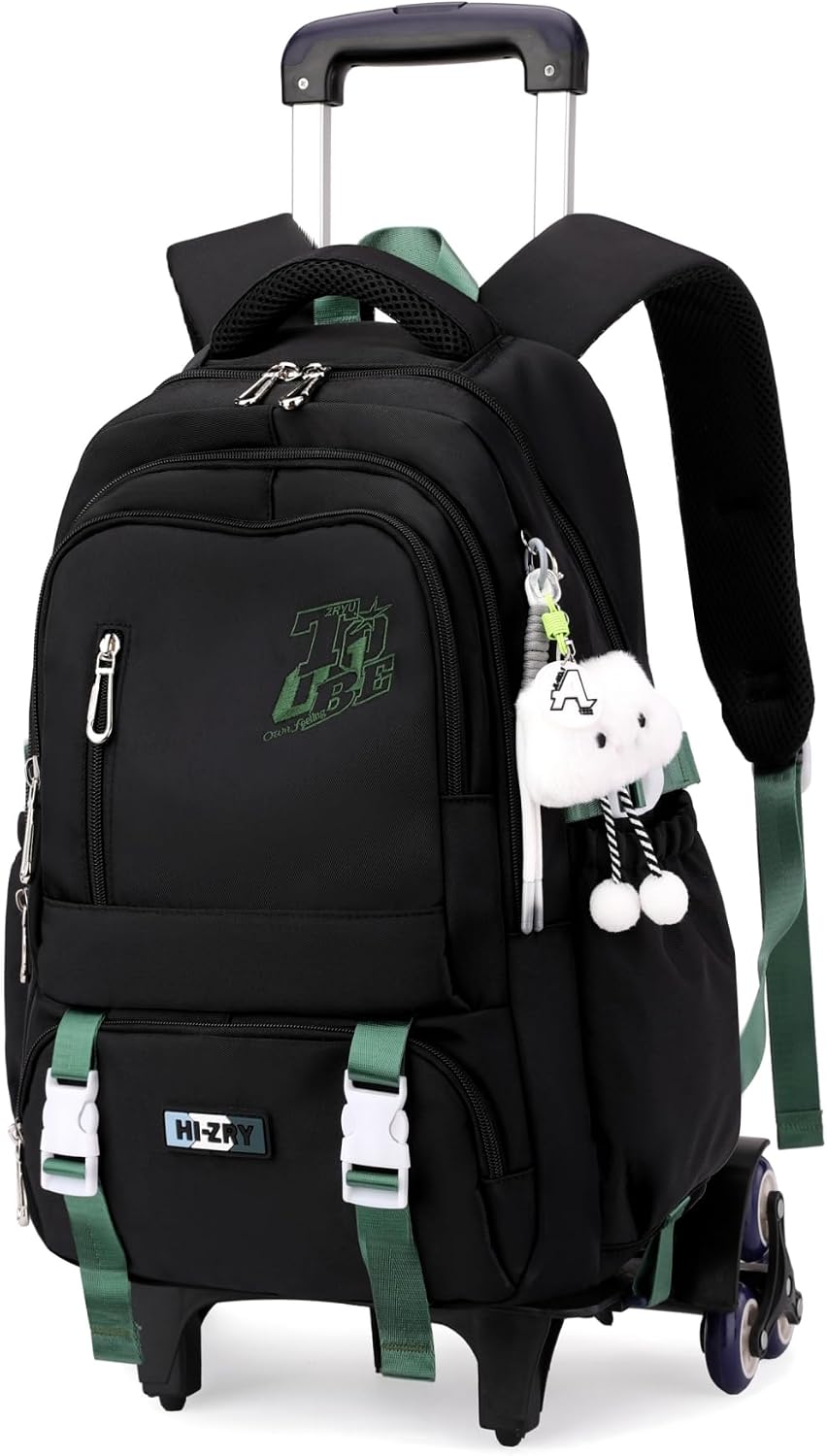 Black Rolling Backpack for Girls Boys Elementary Middle School Bags, Kids Wheeled Boys Girls Backpack with 6 Wheels, Black